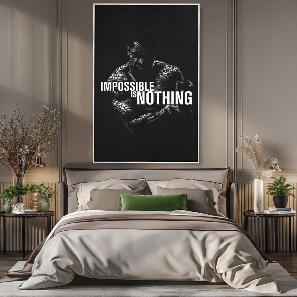 Tablou canvas cu tablou canvas cu silueta masculina si text motivational, in rama de aluminiu argintiu, pe perete intr-un dormitor